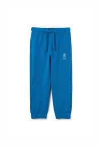 Blaue Baumwoll-Sweatpants mit elastischem Bund und Kordelzug, gerippten Bündchen und einem bedruckten Totenkopf-Logo mit dem Text "DANGER ZONE".