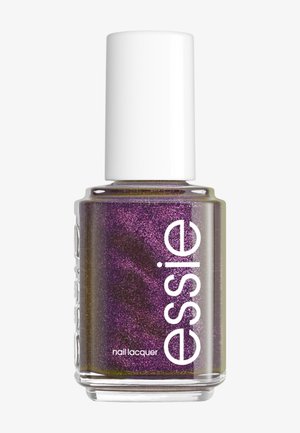 Essie brand nail lacquer bottle with shimmery purple polish and a white cap on a light background.