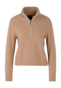 Beige Langarm-Fleece-Pullover mit hohem Kragen und halbem Reißverschluss, weichem Textilmaterial sowie gerippten Bündchen und Saum.