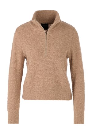 Beige long-sleeve fleece sweater with a high collar and half zipper, soft textured fabric, and ribbed cuffs and hem.