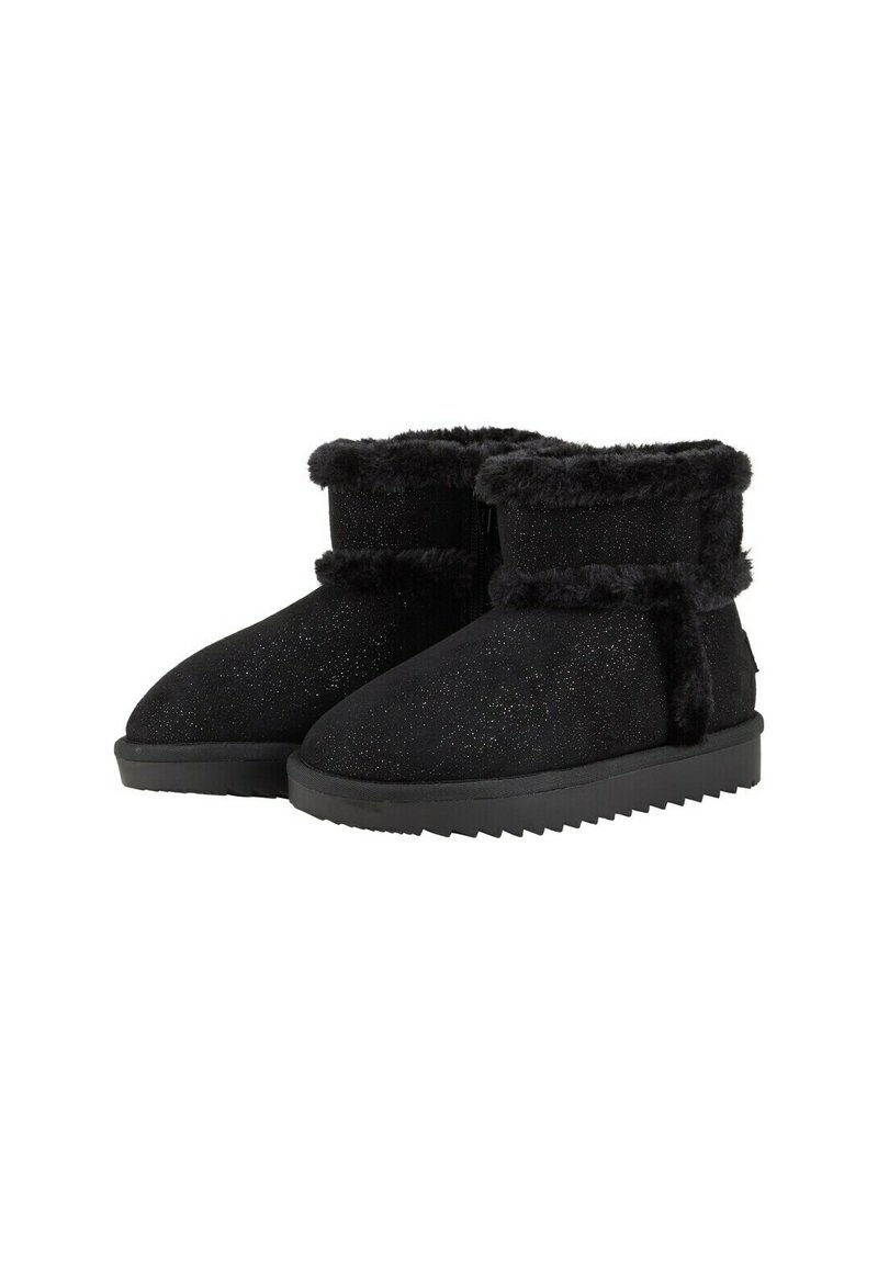 Schwarze Knöchelstiefel aus weichem Wildleder mit strukturiertem Finish und verstreutem Glitter. Mit einem kuscheligen Fellkragen und einer stabilen Gummisohle.