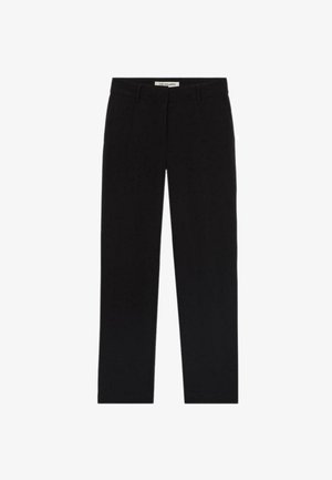 Pantalones negros de tela suave; diseño de pierna recta con una cintura de altura media y sin adornos ni patrones visibles.