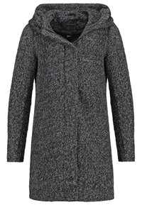 Cappotto lungo grigio realizzato in un materiale testurizzato e peloso. Presenta un cappuccio, chiusura con zip e due tasche frontali. Design semplice senza ulteriori motivi.