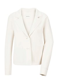 Witte blazer met pieklape, twee voorzakken, enkelvoudige knoopsluiting en lange mouwen. Gladde stof met een subtiele glans.