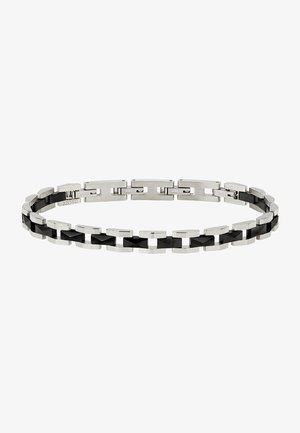 Zilveren en zwarte armband met in elkaar grijpende schakels; heeft gepolijste metalen oppervlakken en geometrische zwarte accenten in een strakke ontwerpen.