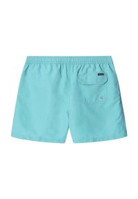 Costume da bagno azzurro chiaro con vita elasticizzata, tasca posteriore e un piccolo logo sulla cintura. Tessuto liscio, taglio sopra il ginocchio.