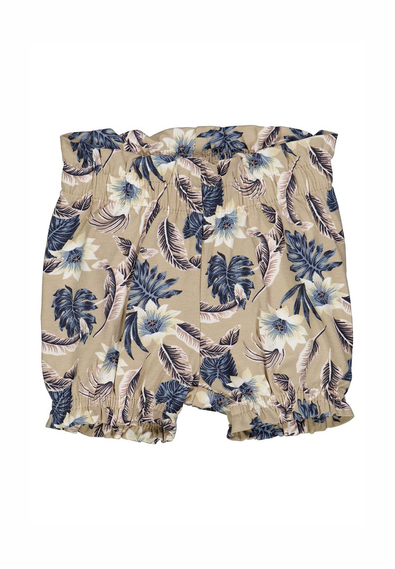Pantaloni corti con motivo floreale realizzati in tessuto leggero; presentano una vita elasticizzata e un orlo arricciato; i colori includono sabbia, blu navy e azzurro chiaro.