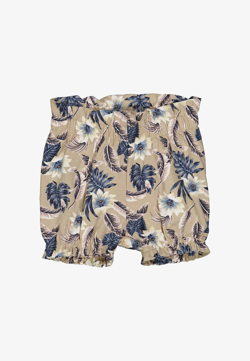 Pantaloni corti con motivo floreale realizzati in tessuto leggero; presentano una vita elasticizzata e un orlo arricciato; i colori includono sabbia, blu navy e azzurro chiaro.