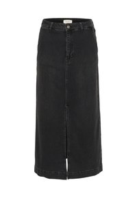 Czarna spódnica midi z denimu z rozcięciem z przodu, zamkiem i zapięciem na guzik, pięcioma kieszeniami oraz paskiem. Klasyczny design i solidna tekstura.