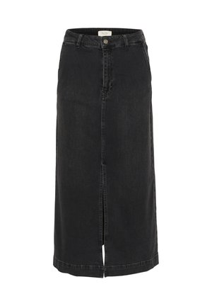 Black denim midi skirt with front slit, zip and button closure, five pockets, and belt loops. Classic design and sturdy texture.