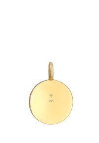 Pendentif rond plaqué or avec une finition lisse, marqué "925" sur un côté, conçu pour des colliers ou des bracelets, présentant une attache en boucle.
