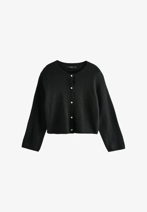 Schwarze, kurze Strickjacke aus weichem Strickstoff. Mit Rundhalsausschnitt und sechs weißen Knöpfen auf der Vorderseite. Lange Ärmel.
