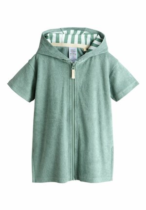 Kortærmet, lysegrøn hættetrøje til småbørn med lynlås foran og stribet stoffor inde i hætten, størrelse 12-18 måneder.