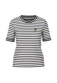 Striped t-shirt in white and black cotton. Features short sleeves, a round neckline, and a small embroidered pineapple detail on the chest.