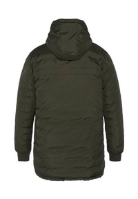 Doudoune vert foncé, dotée d'une capuche, de poignets élastiques et d'une texture lisse et brillante. Design simple et fonctionnel sans matériel visible.