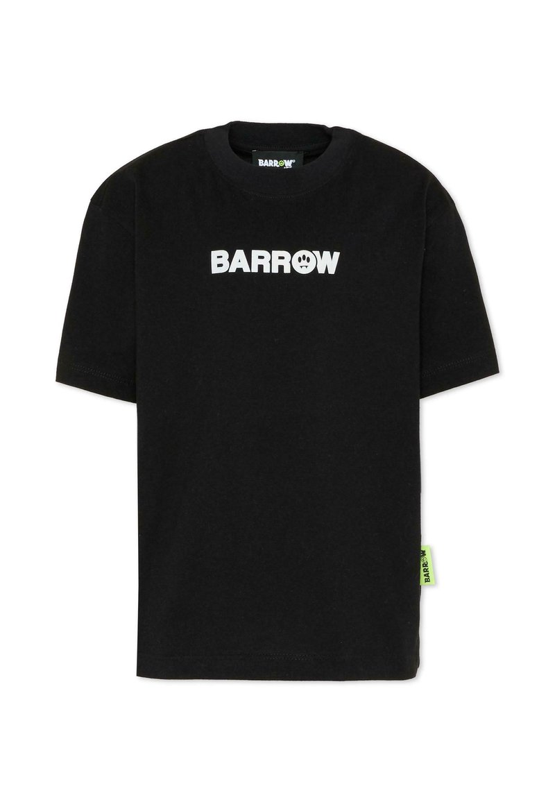 Czarny bawełniany t-shirt z krótkimi rękawami, z białym nadrukowanym logo "BARROW" na przodzie oraz małą zieloną metką po boku.