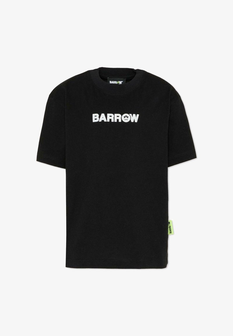Czarny bawełniany t-shirt z krótkimi rękawami, z białym nadrukowanym logo "BARROW" na przodzie oraz małą zieloną metką po boku.