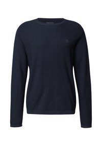 Pull marin, à manches longues, avec un motif en côtes texturé. Il présente un col rond et un petit logo sur la poitrine gauche.