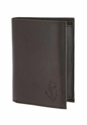Portefeuille bifold en cuir brun foncé avec logo ancre embossé à l'avant, coutures visibles le long des bords, position fermée.