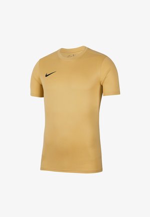 Maglietta sportiva Nike di colore giallo chiaro, maniche corte, collo rotondo, design aderente, texture liscia, con logo Nike nero sulla parte superiore sinistra.