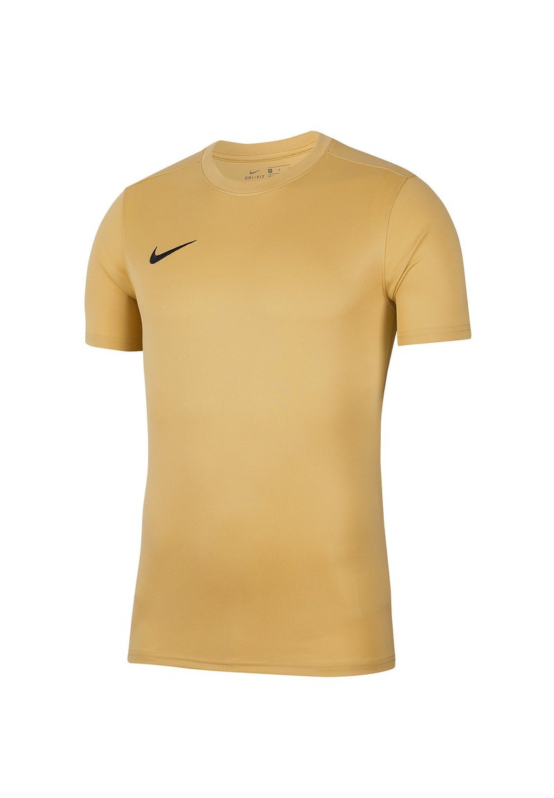 Maglietta sportiva Nike di colore giallo chiaro, maniche corte, collo rotondo, design aderente, texture liscia, con logo Nike nero sulla parte superiore sinistra.