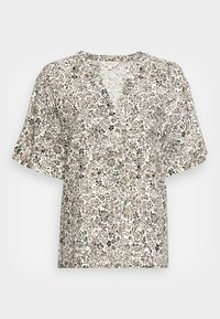Blusa floral de mangas curtas com decote em V, composta por tecido leve em tons de creme, verde e castanho, com padrões intrincados.