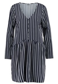 Granatowa sukienka z białymi pionowymi paskami, dekoltem w serek, długimi rękawami, detalami z guzikami z przodu oraz marszczoną talią, która nadaje kształt rozszerzany.