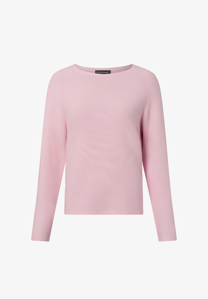 Lichtroze trui met lange mouwen, gemaakt van geribbelde breistof. Heeft een ronde halslijn en een losse pasvorm. Geen zichtbare patronen of accenten.