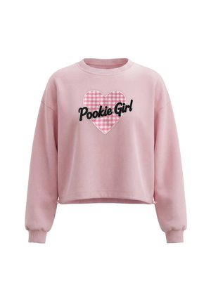 Rosa sweatshirt med lange ærmer med ribkanter og et ternet hjertemærke i midten med teksten "Pookie Girl" i sort skrift.