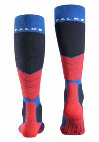 Calze fino al ginocchio in blu, rosso e nero con un design testurizzato. Presentano motivi a righe e aree rinforzate alla punta e al tallone per una maggiore durata.