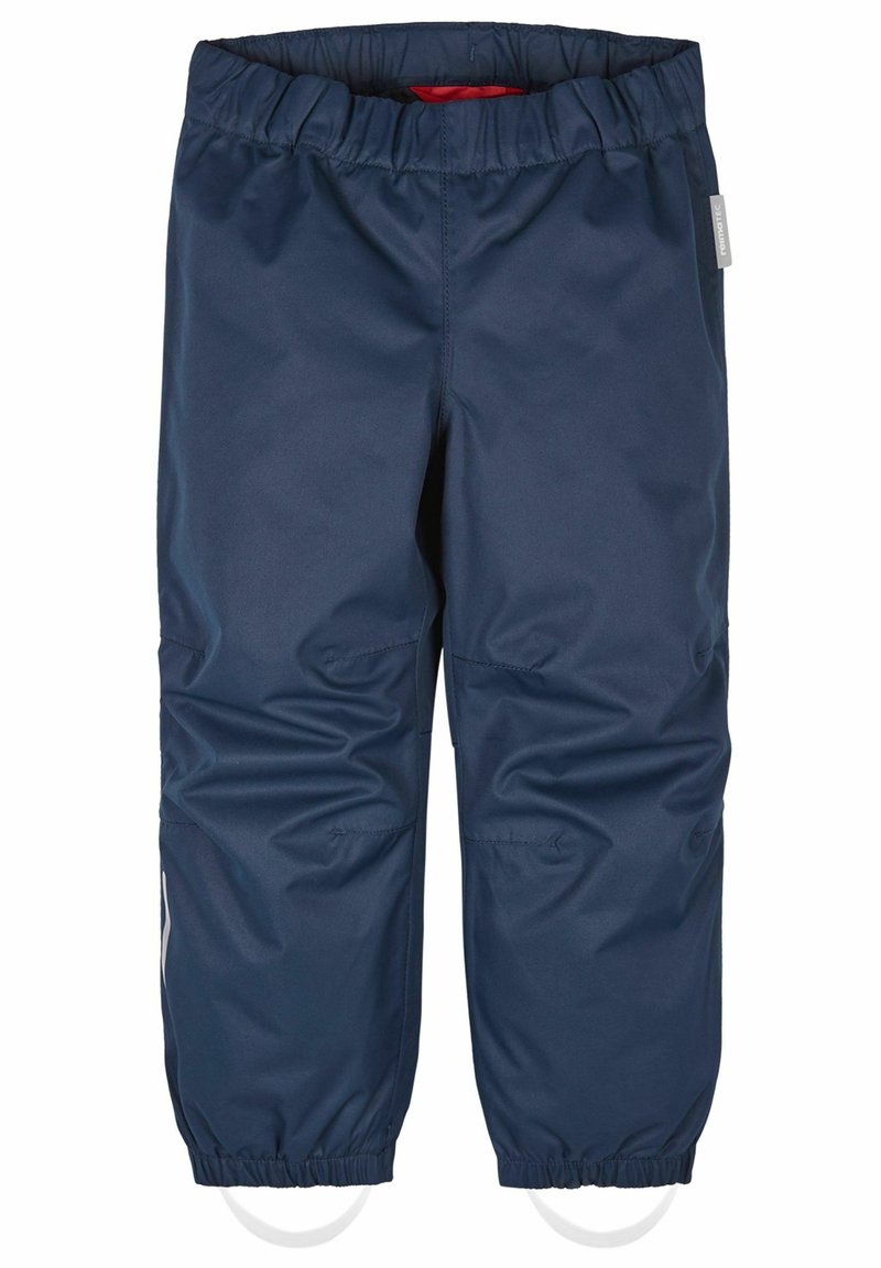 Marinblå vattentäta byxor med elastisk midja, avsmalnande ben och elastiska muddar. Har vita sidostripes och en slät, glänsande yta.