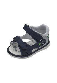 Sandal in tessuto blu navy con due cinturini regolabili in Velcro, dettagli grigi, interno imbottito e suola con design patterned.