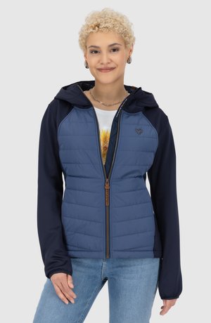 Marineblauer gesteppter Anorak mit Kapuze, ausgestattet mit einem Reißverschluss auf der Vorderseite, kontrastierenden Ärmeln und einem Herzlogo auf der Brust. Strukturiertes Material.