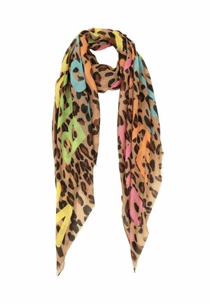 Leopard print scarf with large colorful letters in green, blue, pink, and orange on a light brown background, loosely wrapped.