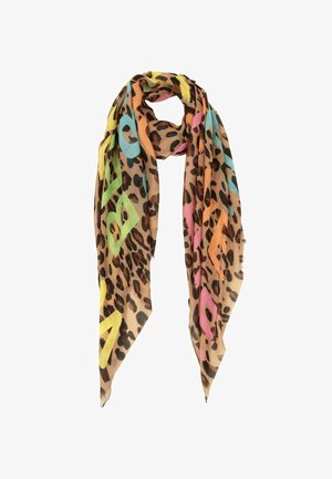 Leopard print scarf with large colorful letters in green, blue, pink, and orange on a light brown background, loosely wrapped.