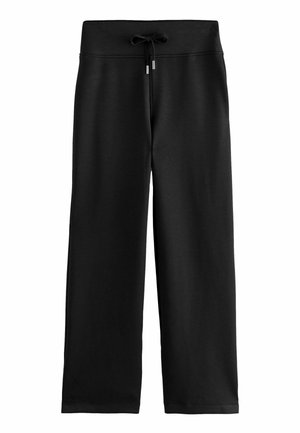 Pantaloni da jogging neri realizzati in tessuto morbido, con un ampio elastico in vita dotato di cordino regolabile e gambe dritte e morbide.