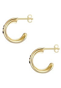 Guldtonade hoopörhängen med en slät, rundad design och en texturerad accent, bakfäste och en polerad yta.