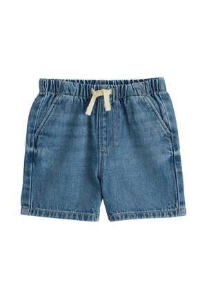Jeansshorts in mittlerem Blau mit elastischem Bund und elfenbeinfarbenem Kordelzug. Verfügt über zwei Seitentaschen und einen geraden Schnitt.