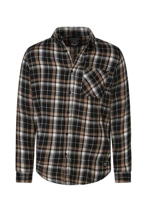 Chemise à carreaux noir et blanc avec des accents marron, manches longues, col boutonné et poche poitrine. Tissu doux avec un motif à carreaux.