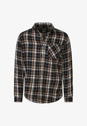 Chemise à carreaux noir et blanc avec des accents marron, manches longues, col boutonné et poche poitrine. Tissu doux avec un motif à carreaux.