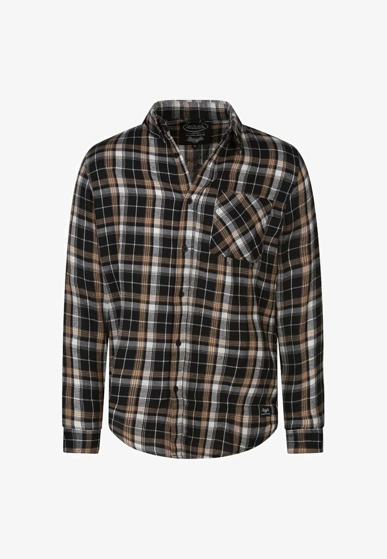 Chemise à carreaux noir et blanc avec des accents marron, manches longues, col boutonné et poche poitrine. Tissu doux avec un motif à carreaux.