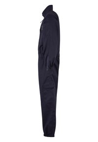 Combinaison bleu marine à manches longues avec col montant, fermeture éclair à l'avant, poignets et taille élastiques, et plusieurs poches zippées.