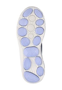 De zool van de schoen heeft een witte basis met lichtpaarse cirkelvormige en ovale antislipkussentjes, gestructureerde patronen en gevarieerde oppervlaktediktes.