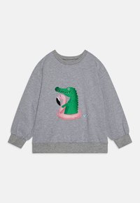 Felpa grigia con ricamo di un coccodrillo verde e un fenicottero rosa. Presenta un collo rotondo e polsini e fondo a coste. Tessuto morbido.