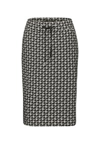Schwarzer und weißer Hahnentrittmuster Bleistiftrock mit elastischem Bund und Kordelzug; glatte Textur; knielange Ausführung.