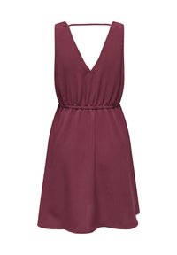 Robe sans manches bordeaux avec un décolleté en V profond, taille élastique et jupe fluide. Fabriquée en tissu léger, présentant une texture lisse.