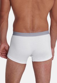 Vita boxershorts med en ljusgrå midja, tillverkade av ett smidigt tyg. Designen har en åtsittande passform och är sömlös på sidorna.