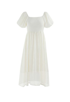White midi dress with puffed short sleeves, square neckline, ruched fitted bodice, and flowing skirt made of lightweight fabric.