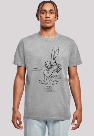 Gray cotton t-shirt featuring a black and white cartoon of Bugs Bunny with text accents. Short sleeves and a classic crew neck design.