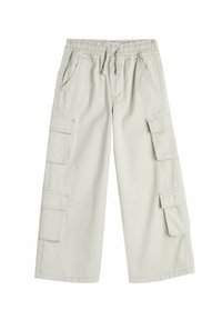 Lysebeige cargobukser med elastisk talje, to sidelommer og tre store cargolommer på siderne. Fremstillet af bomuldsstof.